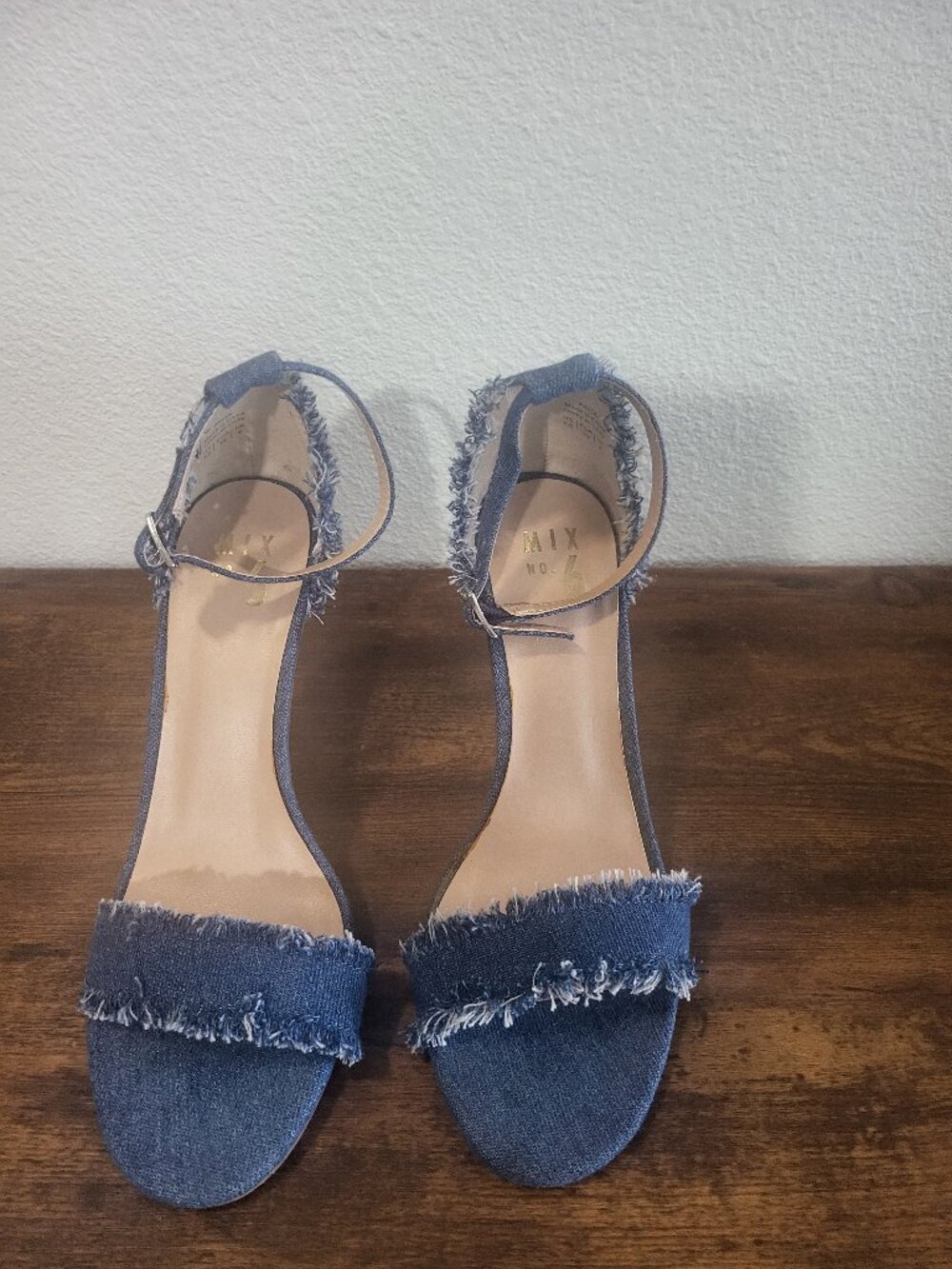 Mix No. 6 Pavia Denim Frayed Ankle Strap Stiletto Heeled Sandals Size 8.5